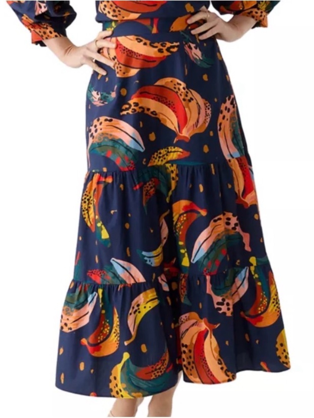 Tropical Banana Print Tiered Maxi Skirt